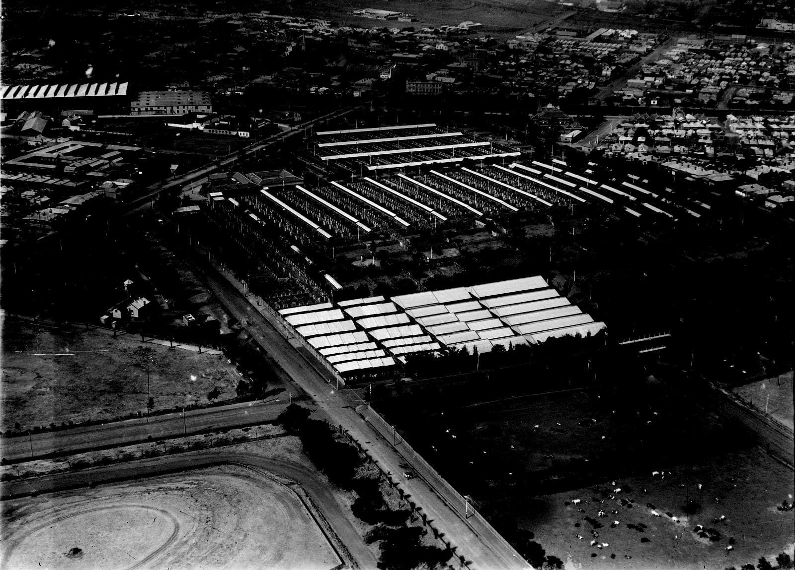 Aerial view of the former Newmarket Saleyards, Kensington, once Victoria's largest public abattoirs